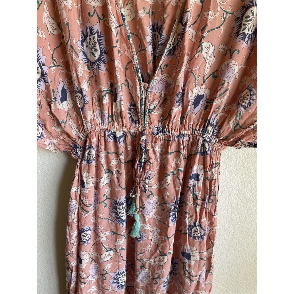 World Market Pink Floral Boho Maxi Dress L/XL Viscose Tassel Kaftan Festival - Picture 4 of 8